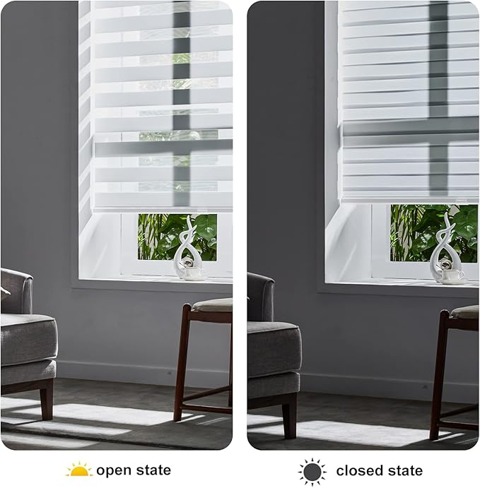 Persilux Cordless Zebra Roller Window Shades Free-Stop Roller Blinds (32" W X 72" H, White) Light Control for Day and Night, Light Filtering Sheer Roler Shades for Windows, Easy to Install