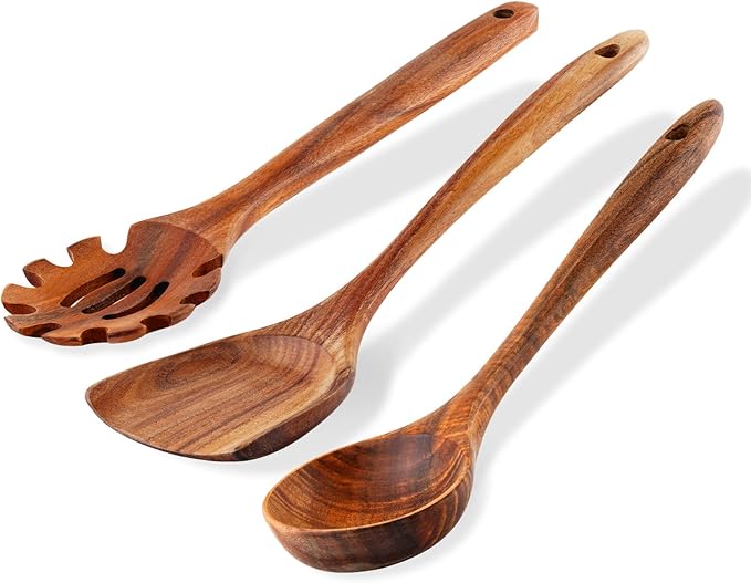 FJNATINH 3-Piece Teak Wooden Wok Spatula Set, Wooden Kitchen Utensil Set, 100% Natural Teak Wood Cooking Utensils