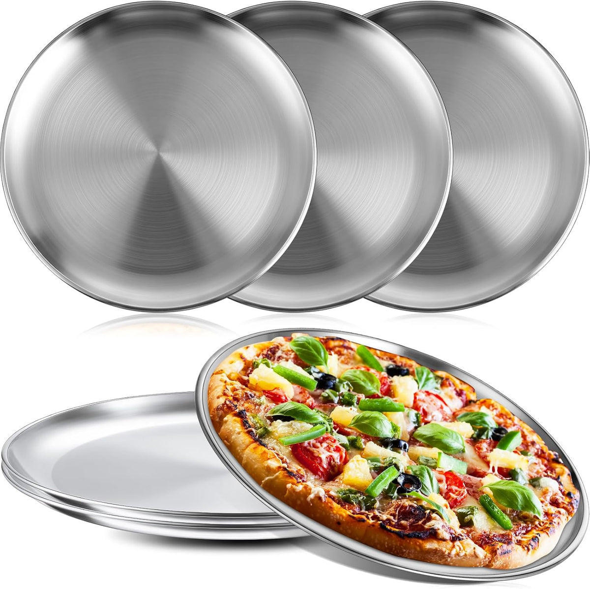 Thenshop 6 Pieces 8 Inch Pizza Pans Bulk Stainless Steel Sets Round Bakeware Pizza Trays for Oven Kitchen Baking Home Restaurant Safe Sturdy Reusable Easy Clean(Silver)