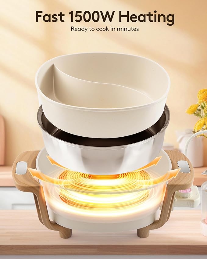 Hot Pot Electric Hot Pot with Divider, Large 6L Nonstick Dual-Sided Shabu Shabu Pot Dual-Flavor hotpot electric 1500W with Adjustable 5-Temperature Control ，Perfect for Family Dinners & Parties