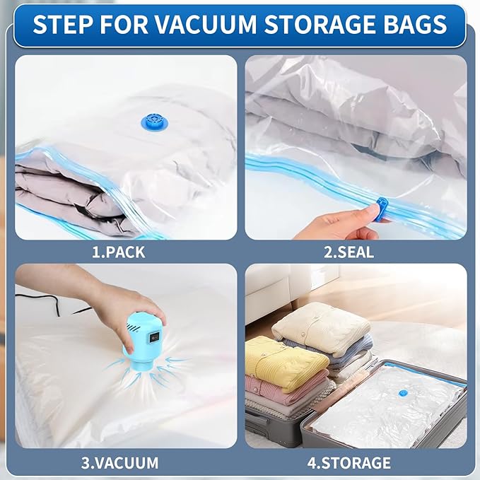 ZXA Vacuum Storage Bags with Electric Air Pump, 8 Pack (4 Large, 4 Jumbo) Vacuum Seal Bags for Clothing, Space Saver Vacuum Storage Bags for Blanket, Duvets, Pillows, Comforters - Blue