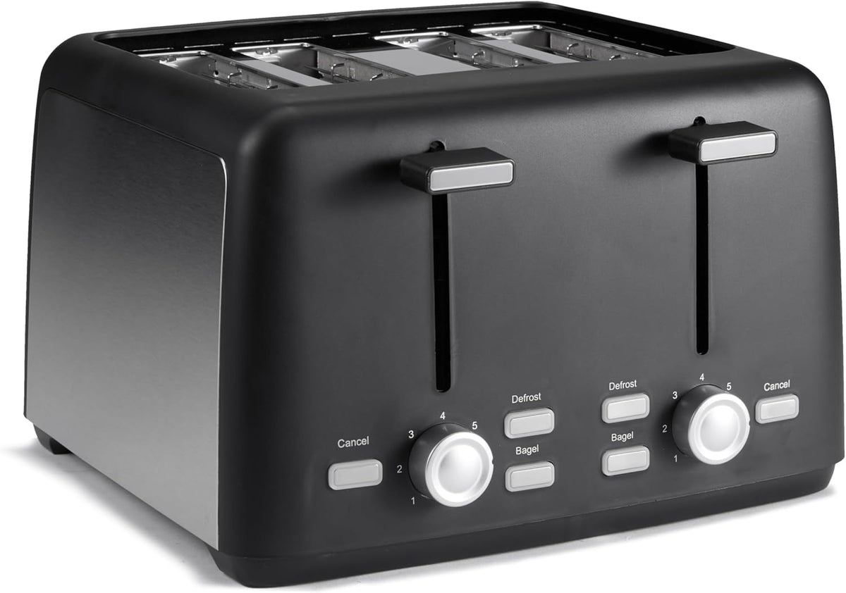Amazon Basics 4 Slice Toaster, With 7 Browning Settings, Extra Wide Slots For Bagels and Special Breads, Removable Easy-to-Clean Crumb Trays, Cancel/Defrost/Bagel Buttons, 1500W, Black & Silver