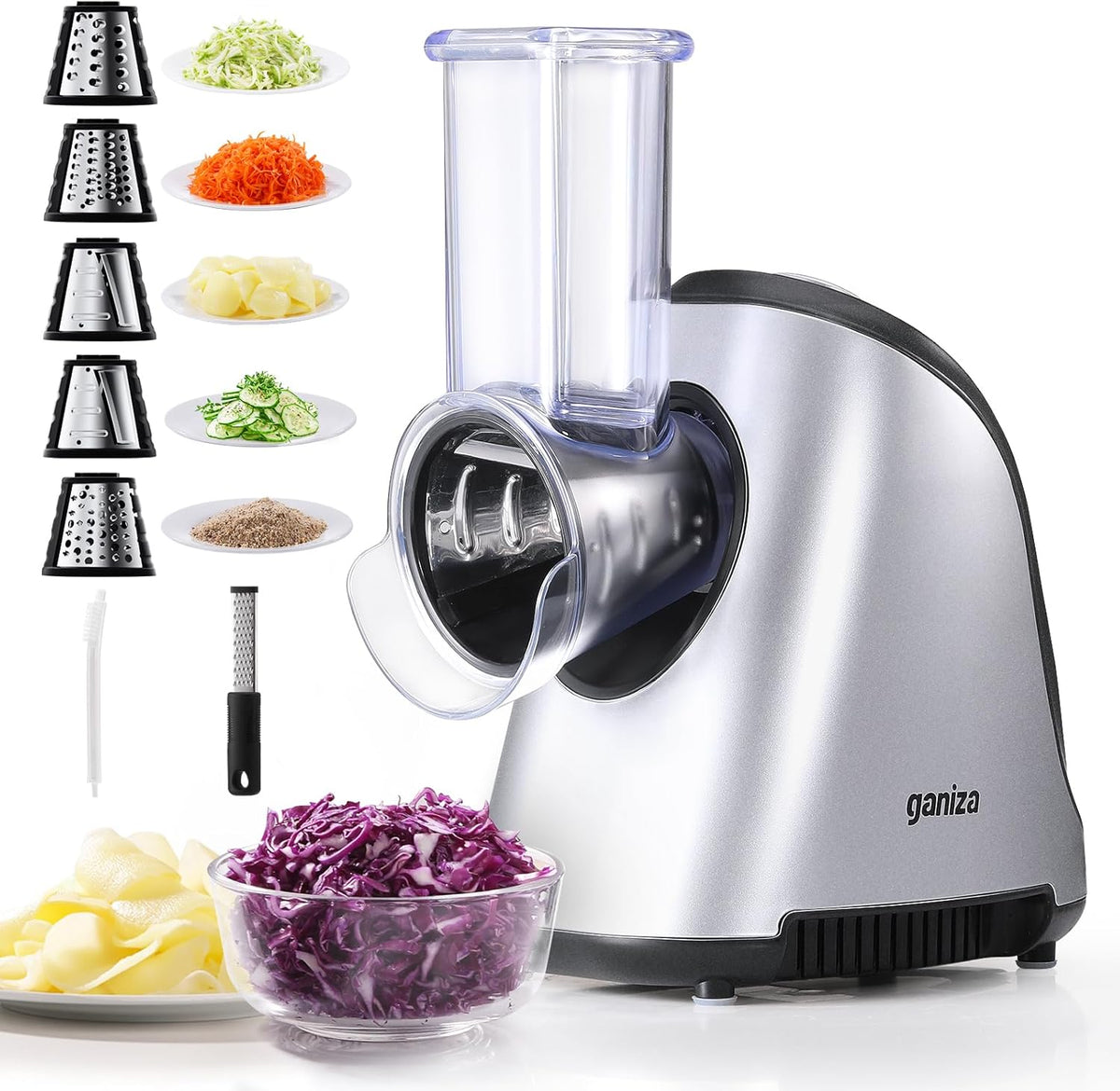 Ganiza 5-in-1 Electric Cheese Grater for Kitchen, Max 250W Cheese Shredder, 5 Changeable Blades Salad Shooter, Slicer Electric for Cheese/Veggies/Salad with an Extra Zester grater