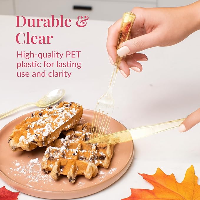 Prestee 180 Gold Glitter Plastic Silverware Cutlery Set - Gold Plastic Silverware Disposable Flatware with 60 Forks, 60 Spoons, 60 Knives - Suitable for Parties, Fancy Party Utensils