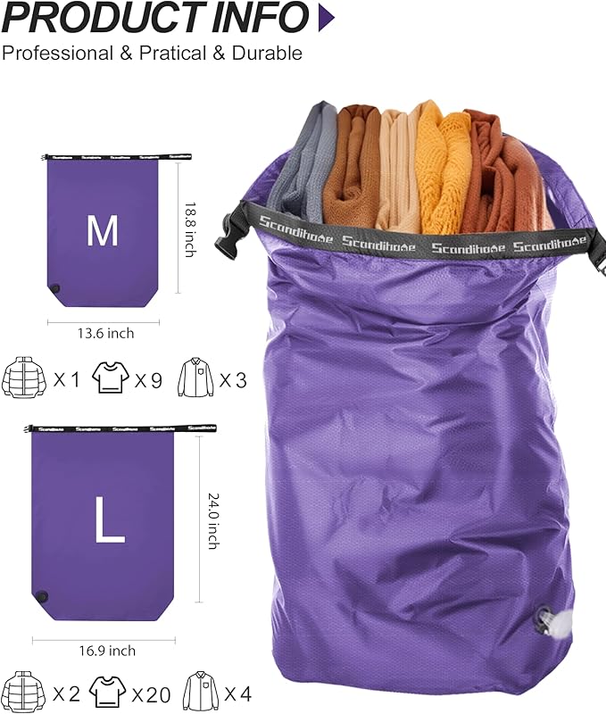 Travel Laundry Bag, Pump Free Vacuum Storage Bag Reusable Compression Dirty Clothes Travel Bag Waterproof Wet Dry Bags Large Capacity Space Saver Bags Camp Clothes Organizer (1 Pcs)(Purple, M)