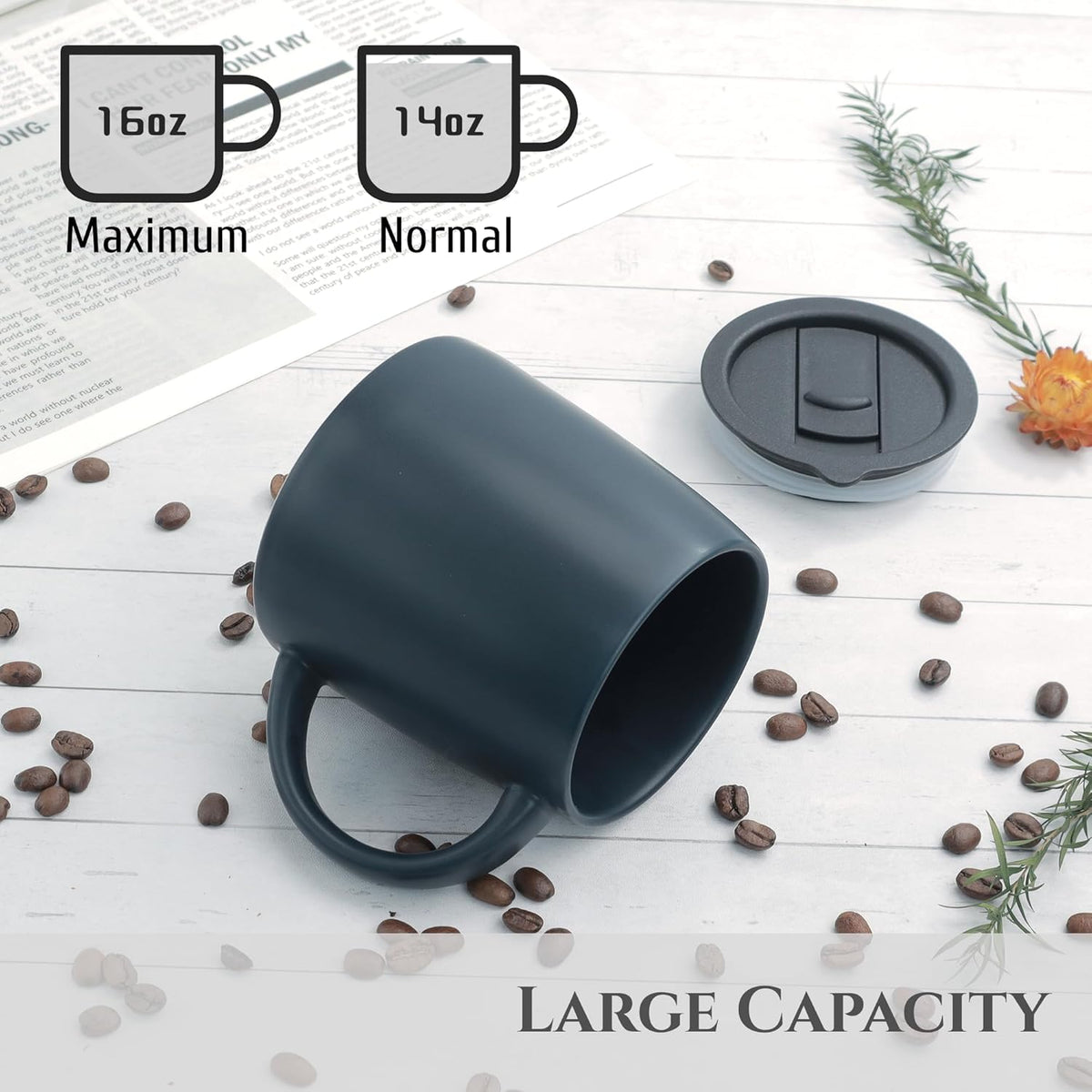 Classic Mug, 14 oz Large Coffee Mug with Handle, Ceramic Porcelain Tea Cup, Smooth Matte (Sliding Lid, Set of 2, White and Navy Blue)