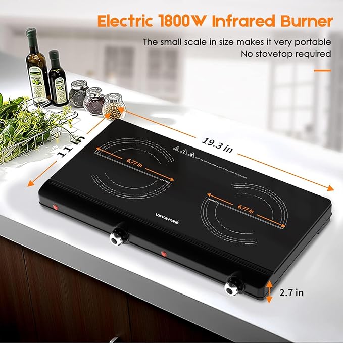 Infrared Double Burner Electric Cooktop - 1800W Portable Stove, Heat-up In Seconds, Countertop Cooktop for Dorm, Compatible with All Cookware