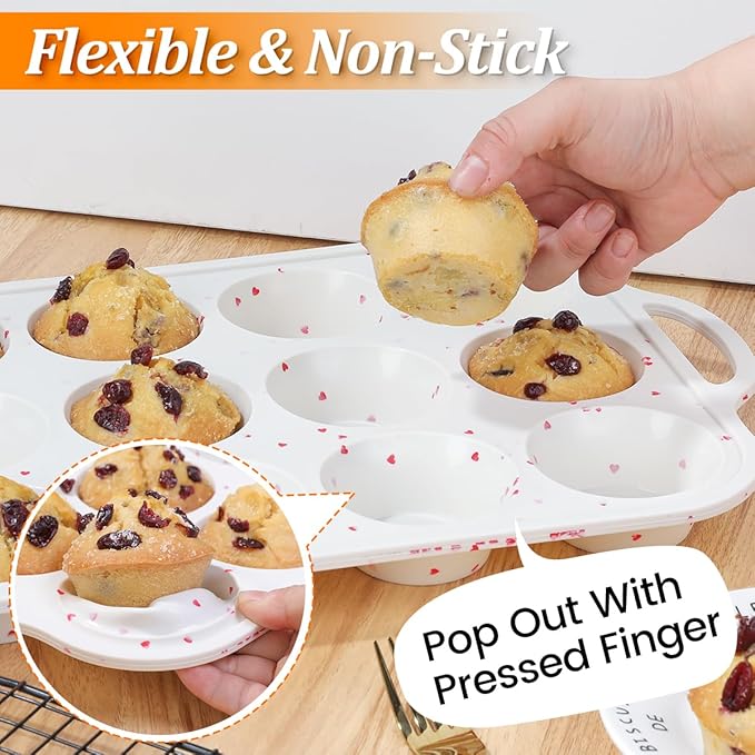 CAKETIME Regular Size Muffin Pan with Metal Reinforced Frame, Silicone Cupcake Pan Easy to Handle Nonstick 12 Cups Silicone Muffin Pans for Baking BPA Free 2 Pack