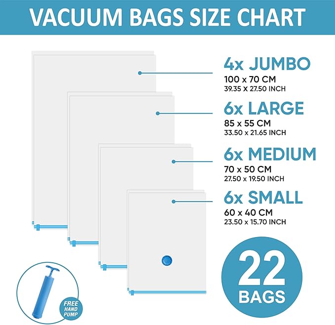 22 Vacuum Storage Bags with Hand Pump, 80% Space Saver Vacuum Seal Storage Bags for Clothing, Travel Lugggage, Blankets, Comforters