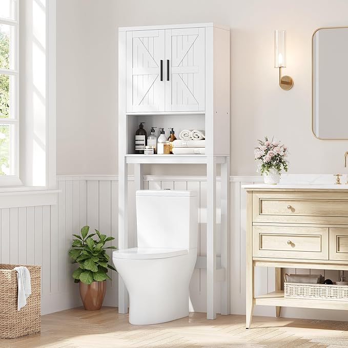 IDEALHOUSE 23.6 Inches Wide Toilet Rack with Over The Toilet Storage Cabinet, Bathroom Shelf Organizer with Anti-Tip Device, Small Freestanding Space Saver with Adjustable Shelf (White 23.6" W)