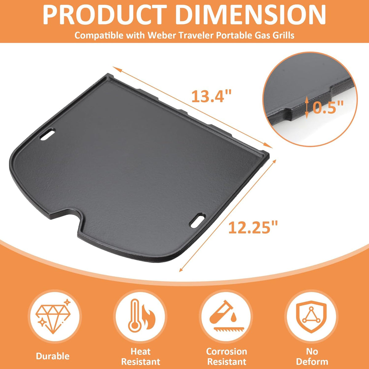 7034 Cast Iron Griddle for Weber 9010001 Traveler Portable Gas Grill, Replacement for Weber9010001, 9013001, 9020001 Gas Grill Accessories, Compatible with Weber Traveler Griddle Part