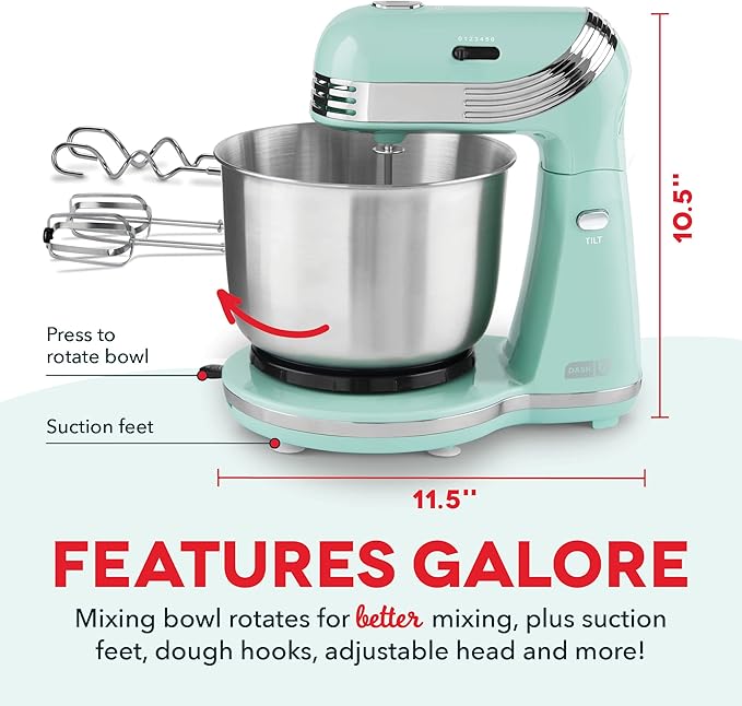 Dash Stand Mixer (Electric Mixer for Everyday Use): 6 Speed Stand Mixer with 3 Quart Stainless Steel Mixing Bowl, Dough Hooks & Mixer Beaters for Dressings, Frosting, Meringues & More - Aqua