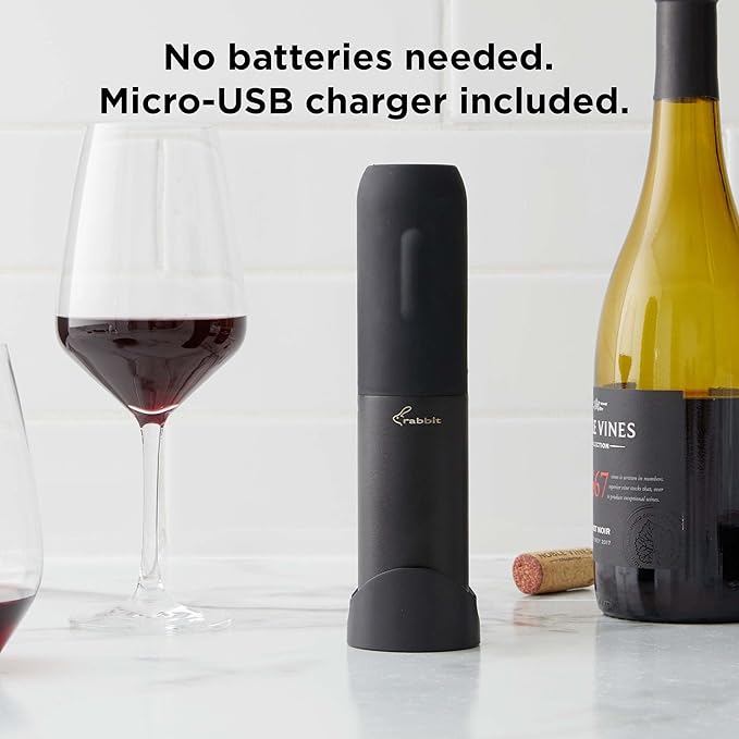 Rabbit Electric Corkscrew Wine Opener - Push Button Automatic Bottle Opener, Compact Design, Opens Bottles Quietly, Stores Vertically or Horizontally, Black