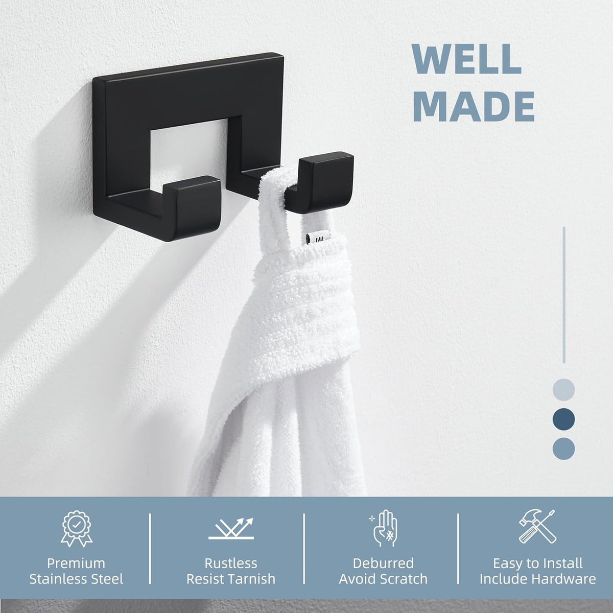 Angle Simple Double Towel Hook, Stainless Steel Bathroom Hand Towel Holder, Wall Coat Double Hook, Matte Black