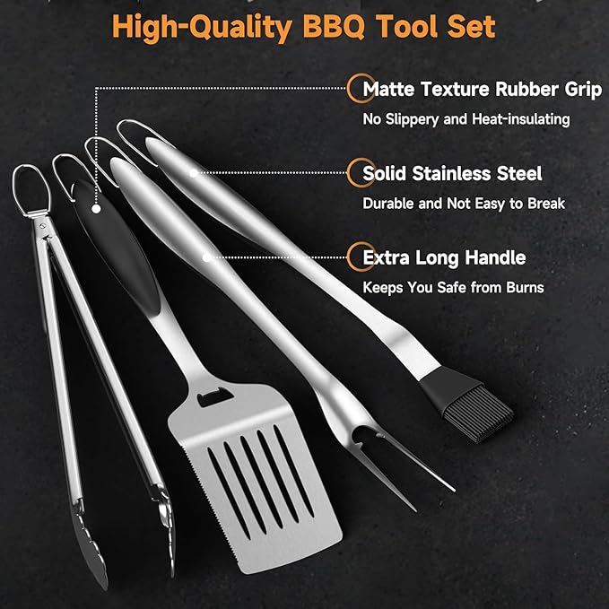 SHINESTAR Heavy Duty Grill Tools Set, Stainless Steel Grilling Accessories with Spatula, Tongs, Fork and Basting Brush, 4PCS, Ideal Grilling Gifts for Man