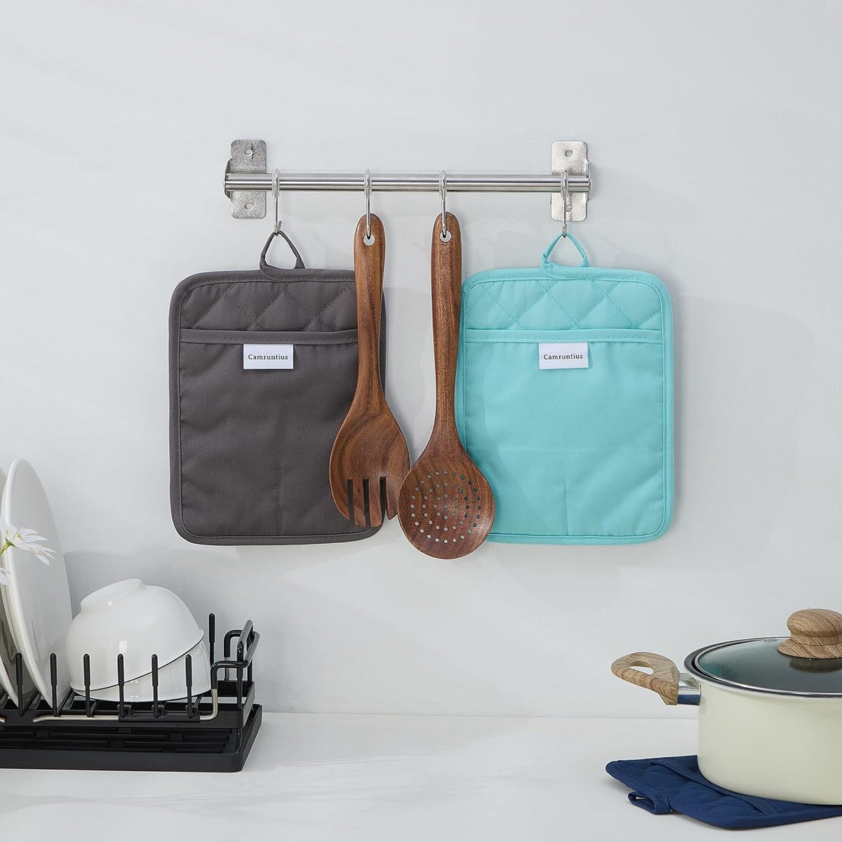 Kitchen Pot Holders, 7"x9", Rectangular with Pocket, Cotton and Neoprene Heat-Resistant Potholders for Cooking and Baking, Machine Washable, 3-Piece Set (Gray)