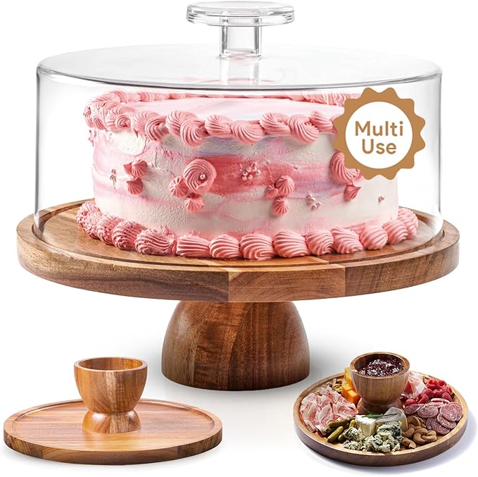 HOMESPHERE Acacia Wood Cake Stand with Lid - Multifunctional 12 In Round Cake Holder, Dessert Table Display Set & Charcuterie Board for Cheese, Chips, Fruit Platter, Acrylic Cake Dome Cover, No Glass