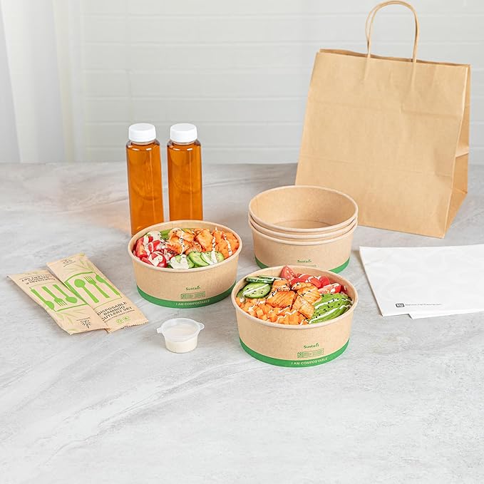Restaurantware Compostable Paper Food Containers 50 Pack Of 37 oz BPI-Certified Round Kraft Salad Bowls Disposable Grease-Resistant Meal Prep Take Out Containers For Ice Creams, Soups, Snacks