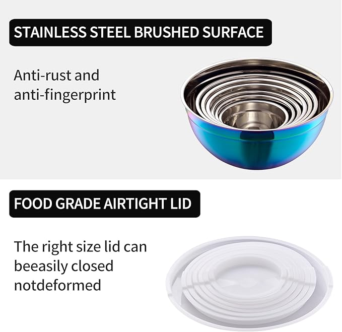 Rainbow Mixing Bowls with Lids Set of 7, Stainless Steel Nesting Bowl with Khaki Lid for Non-slip Mixing Prepping Storing Serving, 7 Sizes-7/3.6/2.7/2.1/1.5/1/0.8 QT
