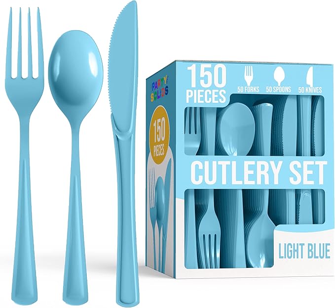 Party Solids Light Blue Plastic Silverware Heavy Duty 150 Pcs Light Blue Plastic Cutlery Sets, Utensil Sets, 50 Of Each Forks, Knives & Spoons Disposable Cutlery Set, Flatware Set For Party Supplies