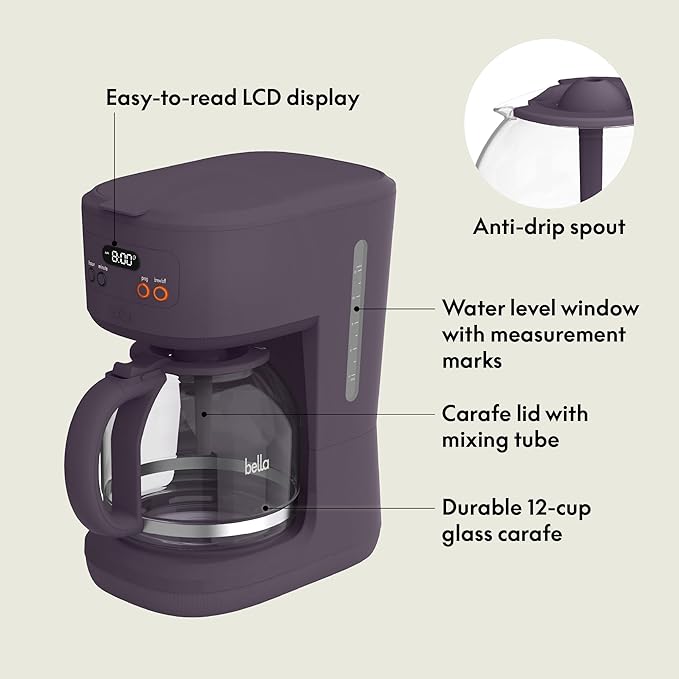 bella 12 Cup Programmable Coffee Marker, Reusable Dishwasher Safe Accessories, Easy LCD diaply, Auto Shutoff, 900 watt, Plum