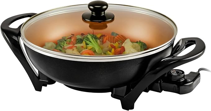 OVENTE Electric Wok with Nonstick Coating, 13 Inch Family-Sized Skillet, 1400W Power, Adjustable Temperature, Tempered Glass Lid, Cool Touch Handles and Easy to Clean Frying Surface, Copper SK3113CO
