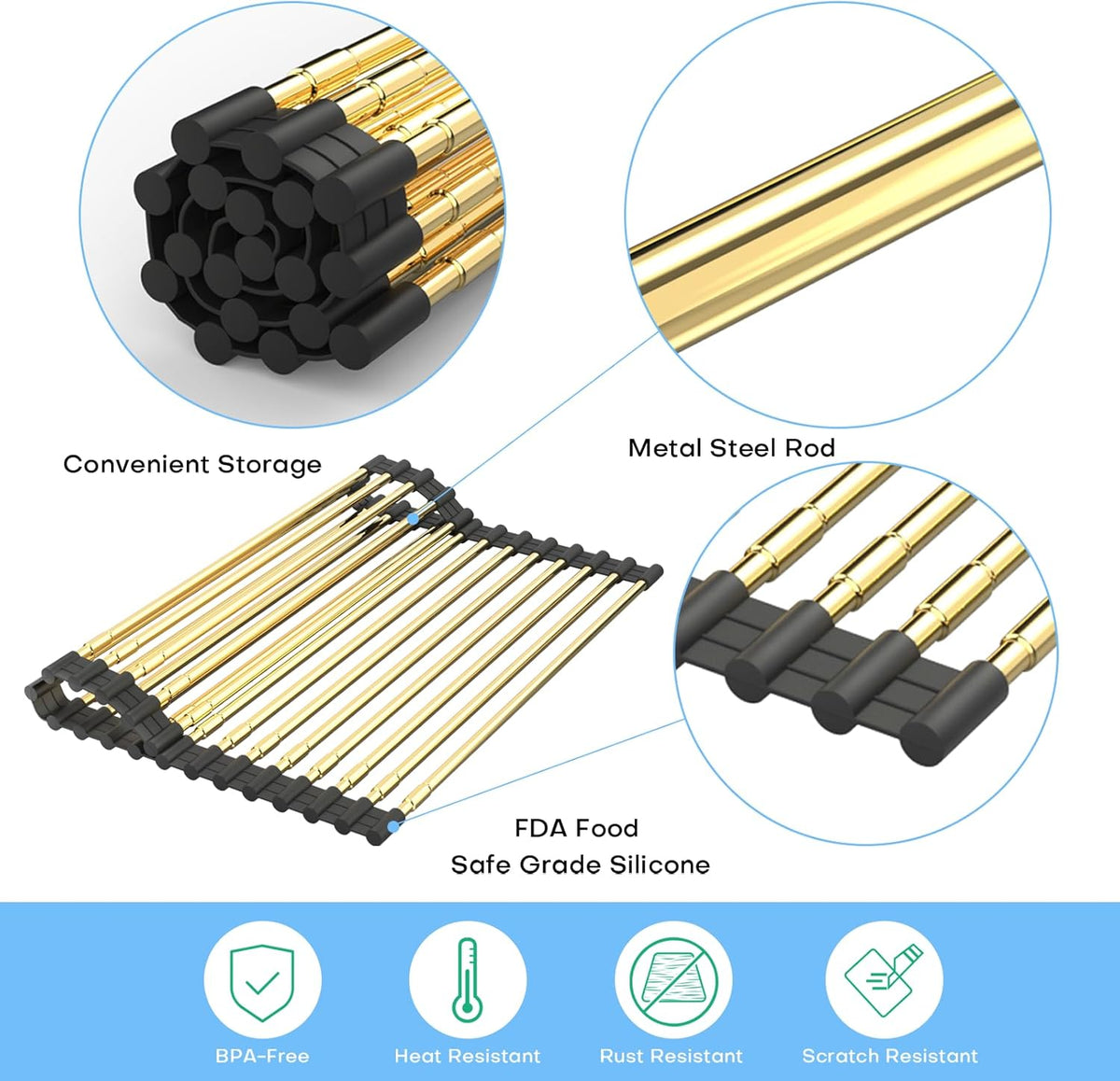 Expandable Large Draining Rack, Roll Up Heat-Resistant Dish Drainer for Stainless Steel Sinks, Collapsible Over The Sink Rack Non-Slip Silicone Rolling Up Rack Gold 18 Tube
