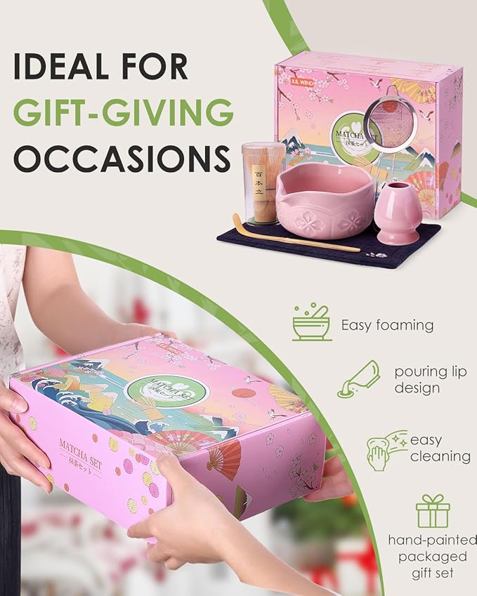 Matcha Whisk Set, Ceramic Matcha Set Includes Bowl with Spout, Whisk and Holder, Bamboo Scoop, Sifter and Tea Towel - 6 Pcs Matcha Kit Gift for Lovers Beginners (Pink)