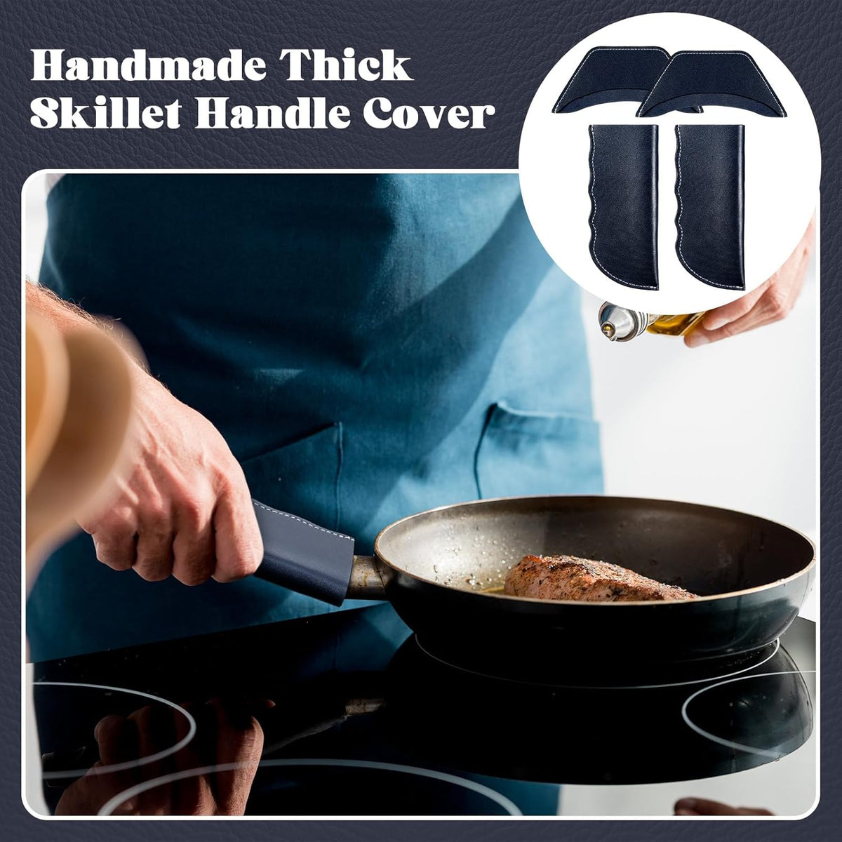 Baderke 4 Pcs Leather Cast Iron Handle Cover Handmade Leather Heat Resistant Skillet Handle Set Pot Holder for Hot Frying Pans, Pots(Blue)
