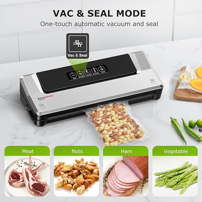 Bonsenkitchen Vacuum Sealer Machine with 40 Bags | Compact Food Sealer for Kitchen Storage & Meal Prep | Multiple Modes | External Vacuum System, Silver