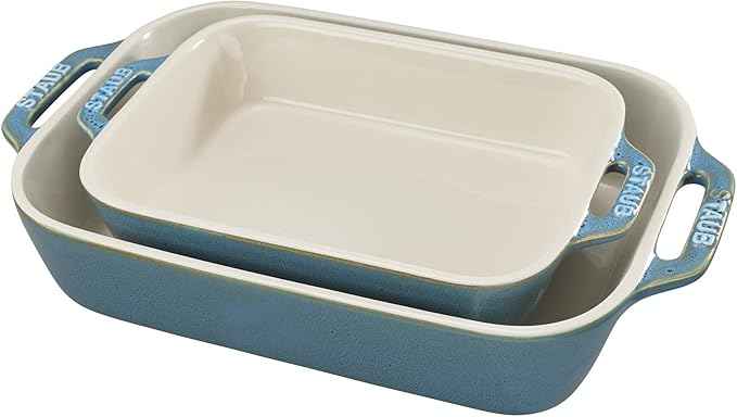 Staub Ceramic Rectangular Baking Dish Set, Casserole Dish, 2-Piece, Rustic Turquoise