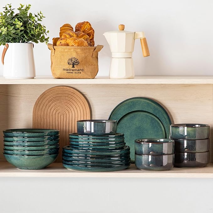 vancasso Starry Plates and Bowls Sets for 6, 24 Pieces Dinnerware Sets, Green Reactive Glaze Dishes Sets for Kitchen, Scratch Resistant Stoneware Dishes Set, Dishwasher and Microwave Safe