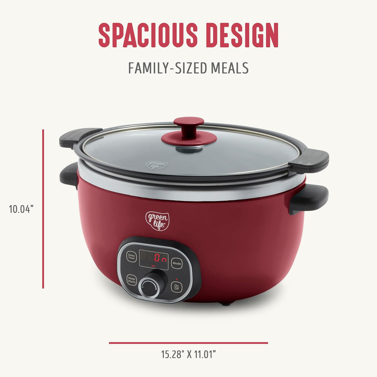 GreenLife 6QT Slow Cooker, Non-Toxic PFAS-Free Ceramic Nonstick Removable Interior Bowl, Programmable, Family Friendly, Keep Warm, Stovetop & Oven Safe, Dishwasher Safe Parts, Timer, Glass Lid, Red