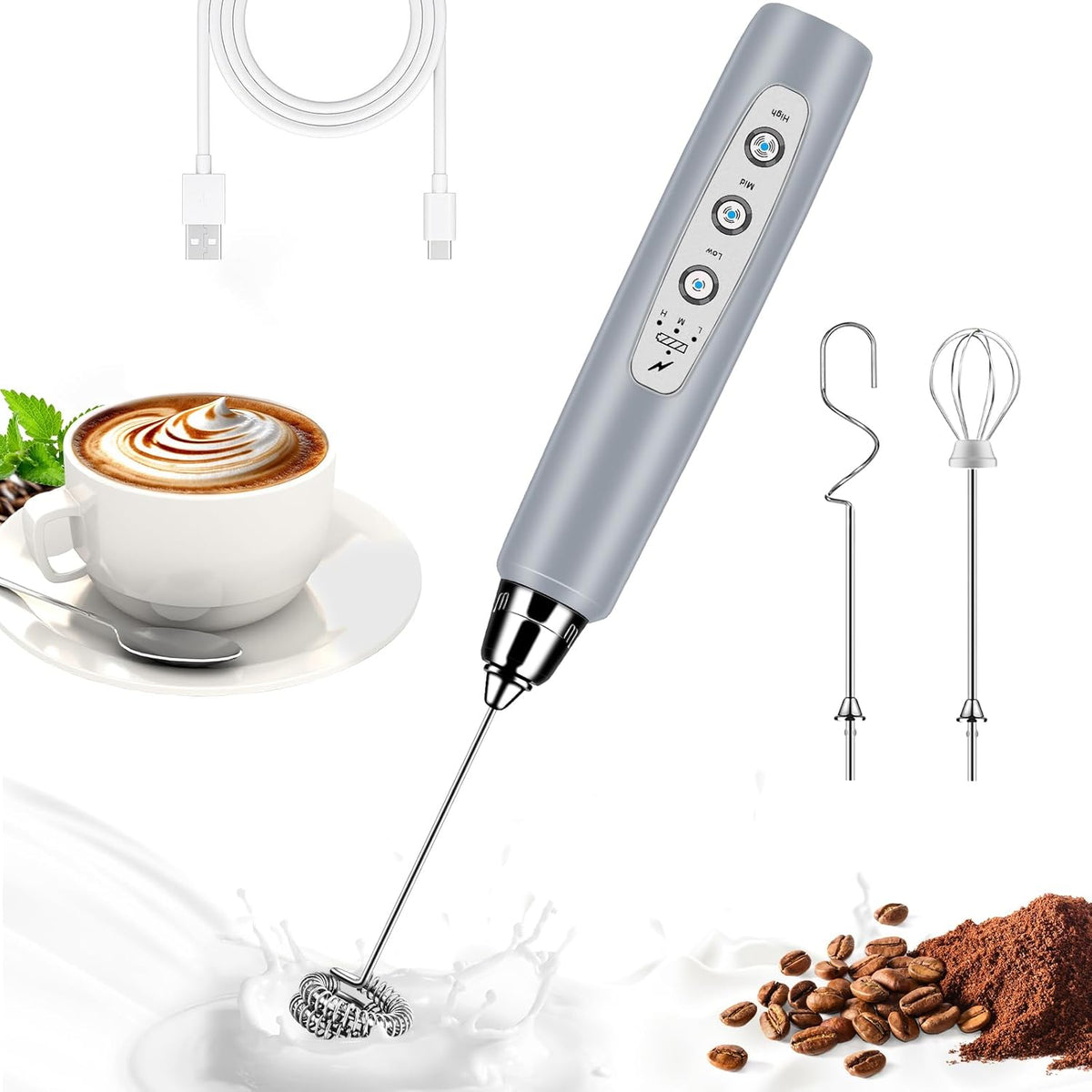 Milk Frother Handheld for Coffee, Electric Whisk 3 Speed Adjustable, Drink Mixer with Stainless 3 Whisks, Rechargeable Hand Frother Wand, for Latte Cappuccino Hot Chocolate Egg Cement Gray