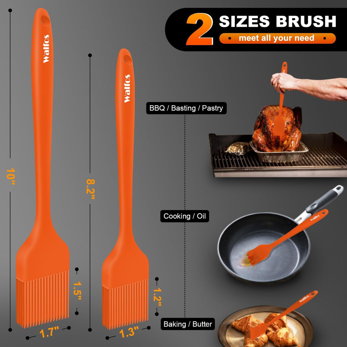 Walfos Silicone Basting Pastry Brush, Heat Resistant Pastry Brush Set, Strong Steel Core and One-Pieces Design, Perfect for BBQ Grill Kitchen Cooking, BPA Free and Dishwasher safe, 2 Pcs (orange)