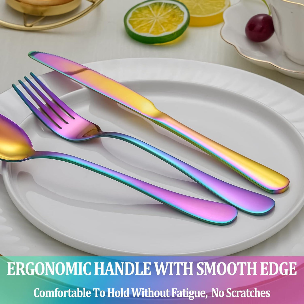 60 Pcs Rainbow Silverware Set Service for 12,Stainless Steel Flatware Serving Sets,Kitchen Tableware Set,Utensil Set for Home and Restaurant,Knives Forks Spoons Set,Mirror Polished,Dishwasher Safe