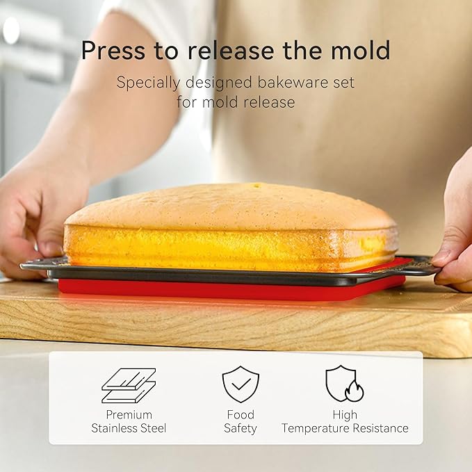 8 Piece Red Silicone Bakeware Sets, Nonstick Baking Pans, Silicone Baking Sheet Set with Press to Release Design, Oven Mitts, Spatula & Brush Flexible, Stackable, BPA Free, Dishwasher & Oven Safe