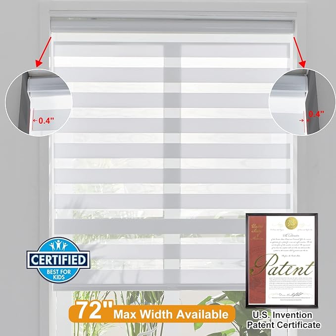 Persilux Zebra Blinds for Windows Cordless Blinds & Shades (28" W x 72" H, White) Free-Stop Roller Window Shades, Light Filtering Roller Shades for Windows, Light Control for Day and Night