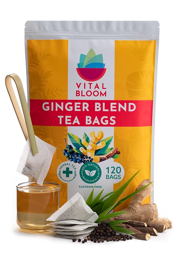 Vital Bloom 120 ct Ginger Tea Bags, Blend With Peppermint, Licorice, Lemongrass and Black Pepper, 100% Natural Ingredients, Bleach Free Tea Bags, Caffeine Free (Free Bamboo Tongs Included)