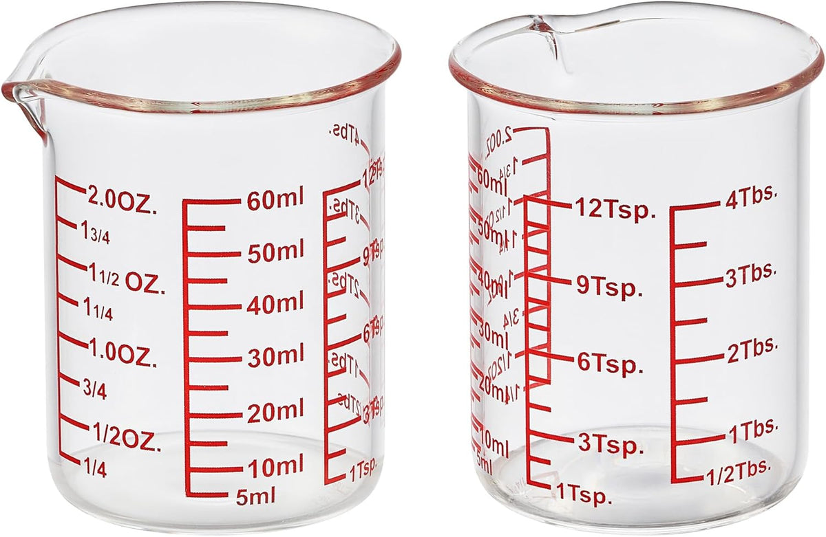 High Borosilicate Glass Measuring Cup-V-Shaped Spout，Glass Measuring Beaker for Kitchen or Restaurant, Easy to Read, 60 ML (2 Oz)-Pack of 2