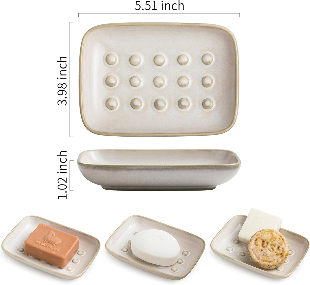 Soap Dish for Shower, Ceramic Soap Dish Non-Slip Soap Holder Bar Saver Tray for Bathroom Kitchen Sink, Floating Point Design Save Soap Loss