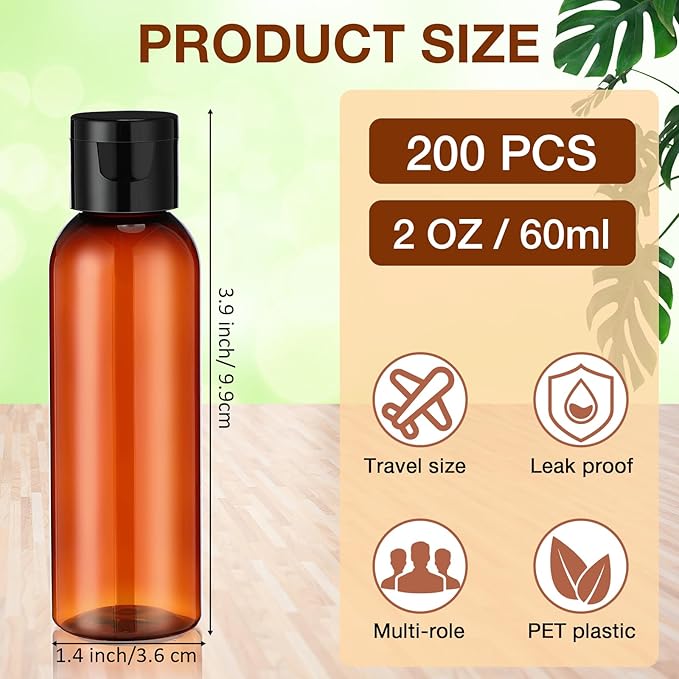 Zhehao 200 Pcs 2 oz Brown Plastic Empty Bottles Small Travel Size Bottles with Flip Cap Empty Transparent Dispenser Container for Liquids Toiletries Shampoo Lotion (Black Cap)