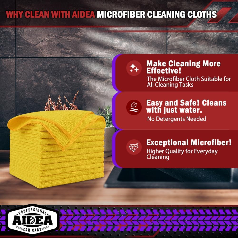 AIDEA Microfiber Cleaning Cloth, 20PK, Microfiber Towels for Cars, Premium All Purpose Car Cloths, Dusting Cloth Cleaning Rags, Absorbent Towels for SUVs, House, Kitchen, Window, 12"×12", Yellow
