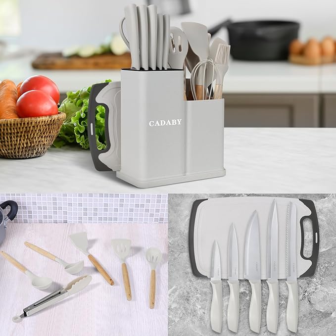 19 PCS Kitchen Cooking Utensils Set, 11 Pieces Silicone Cooking Utensils Set 6 Pieces Sharp Stainless Steel White Knife Set with 1 Piece Cutting Board, Ideal for Apartment