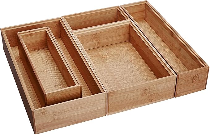 Lipper International 88005 Bamboo Wood Drawer Organizer Boxes, Assorted Sizes, 5-Piece Set
