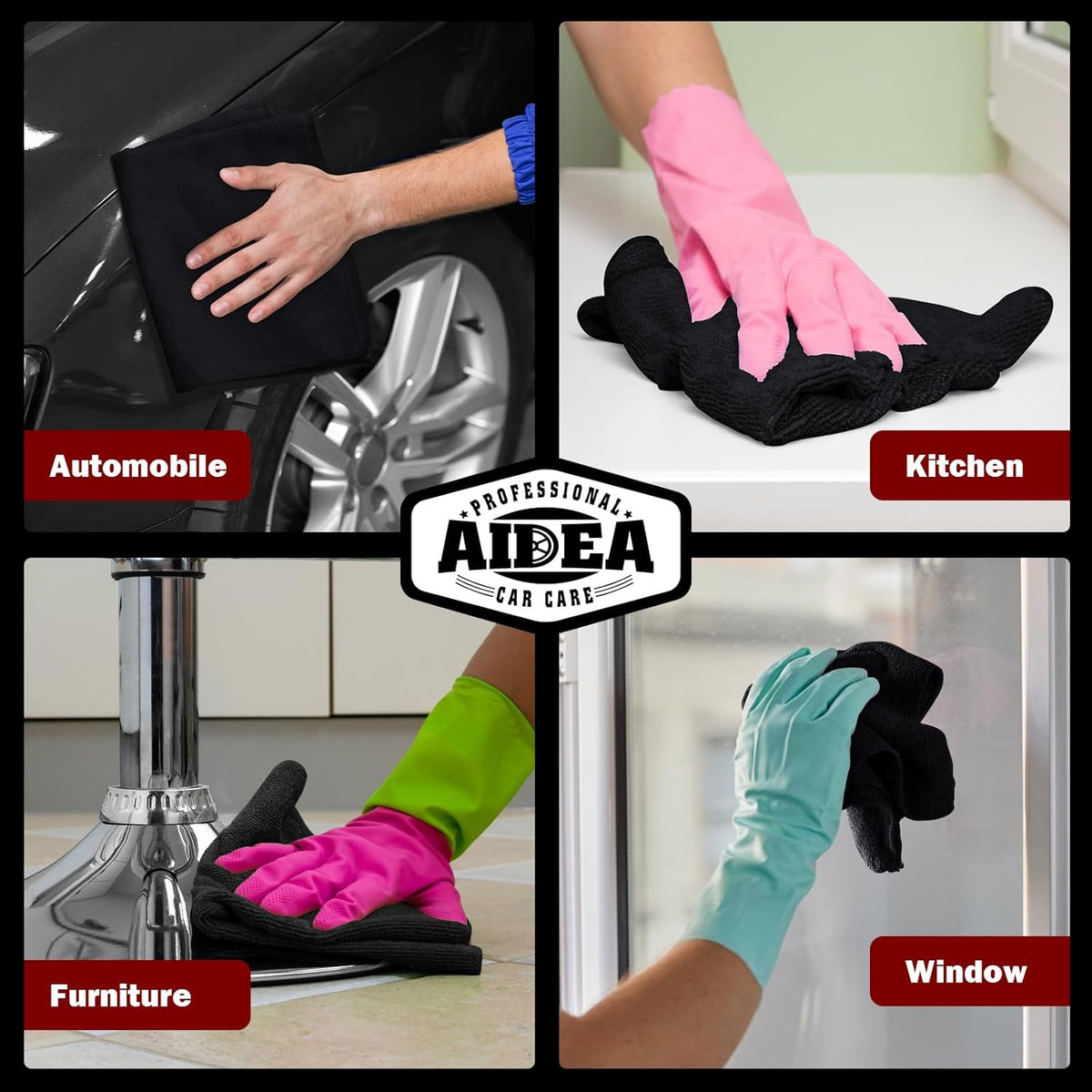 AIDEA Microfiber Cleaning Cloth Black 50PK, Microfiber Towels for Cars, Premium Car Cloths, Dusting Cloth Lint Free Cleaning Rags for SUVs, House, Kitchen, Window, Workshops,12×12"