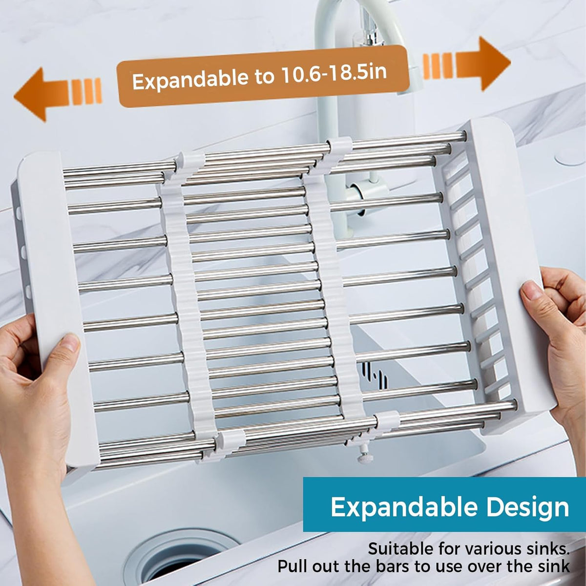 COVRA Over Sink Dish Drying Rack, Stainless Steel Drainer for 11"-19" Sinks, Kitchen Countertop Organizer for Dishes, Vegetables, and Fruits (Gray)
