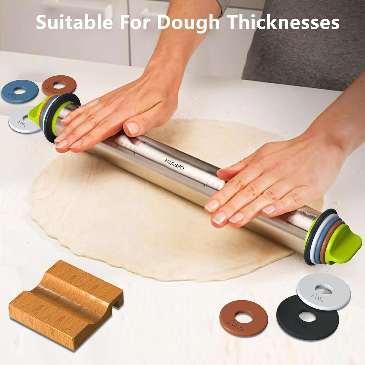 Stainless Steel Rolling Pin with Thickness Rings and Wooden Stand Dough Thickness for Baking, Fondant, Pizza, Pie Crust, Cookies, Pastries, 13.6" Rolling Pin with 4 Multi-Color Thickness Rings