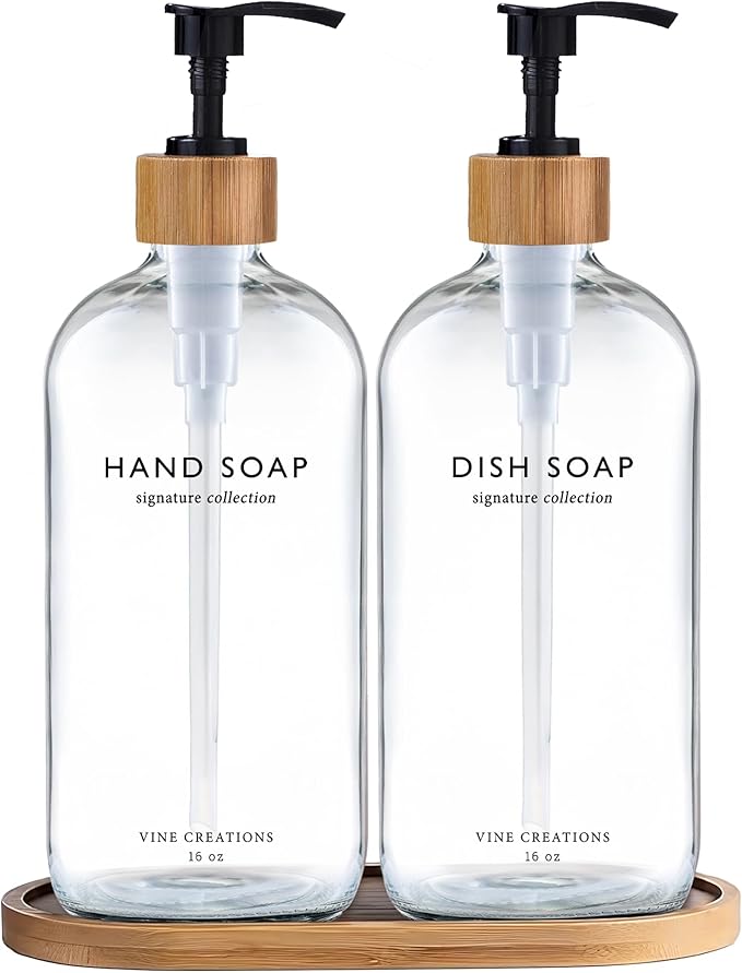 Vine Creations Clear Glass Soap Dispenser Set, Hand Soap and Dish Soap Dispenser Set with Bamboo Tray, 16 oz Glass Dispensers Bottle for Kitchen and Bathroom Decor Modern Boho with Bamboo Pump (Clear)