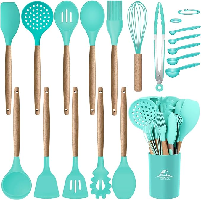 MIBOTE Silicone Cooking Kitchen Utensils Set with Holder, Wooden Handles Cooking Tool BPA Free Turner Tongs Spatula Spoon Kitchen Gadgets Set for Nonstick Cookware (Teal)